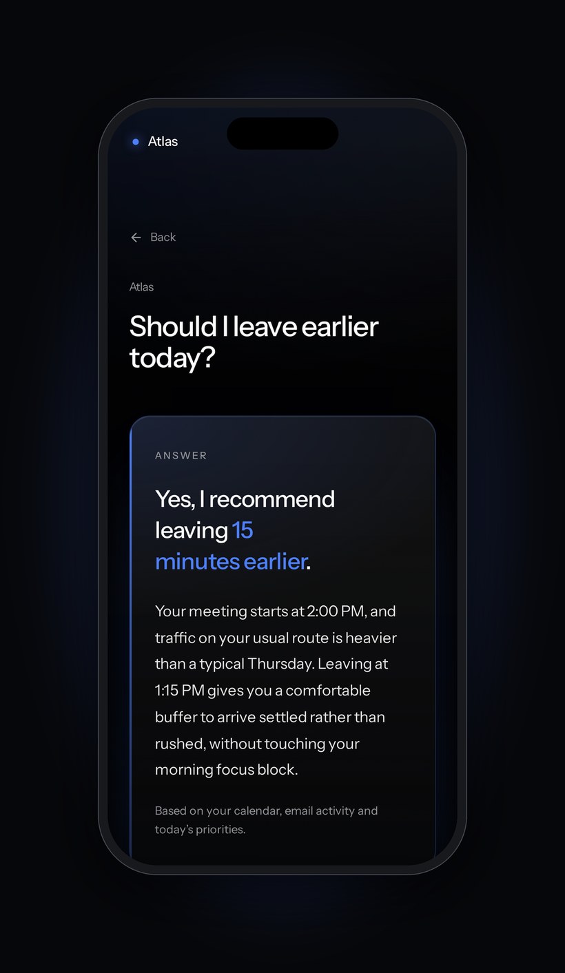 Atlas Guide answering should I leave earlier today, recommending leaving 15 minutes earlier because traffic is heavier than usual before a 2:00 PM meeting.